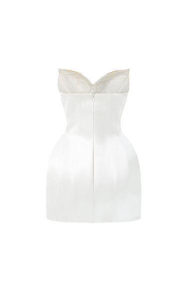 Ivory Satin Silk BustierMini Dress With Lotus-Petal Shaped Detailing - IHF STUDIO