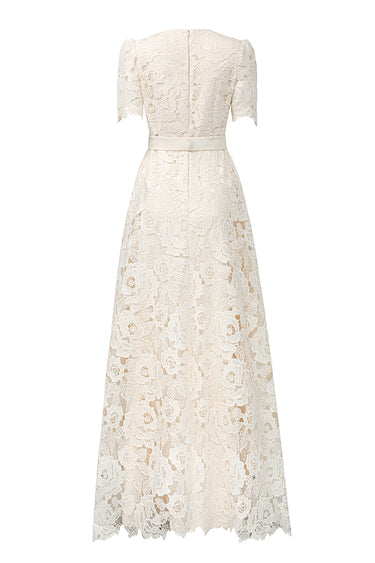 Ivory crochet lace A-line gown with short sleeves and crystal detailing at neckline and waist - IHF STUDIO
