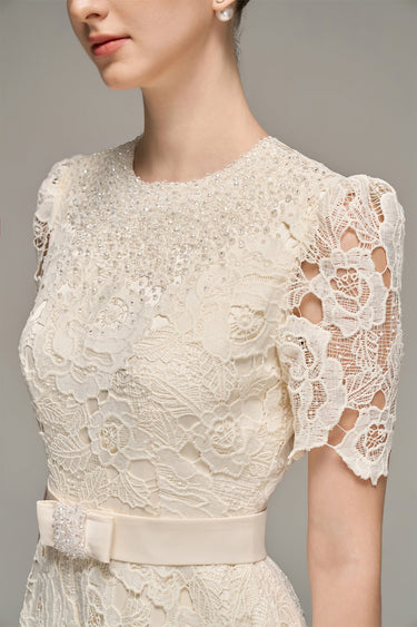 Ivory crochet lace A-line gown with short sleeves and crystal detailing at neckline and waist - IHF STUDIO