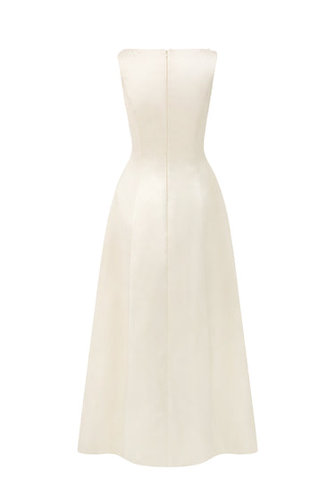 Ivory Silk Taffeta Trapeze Midi Mullet A-line Dress With Crystals Embellishment - IHF STUDIO