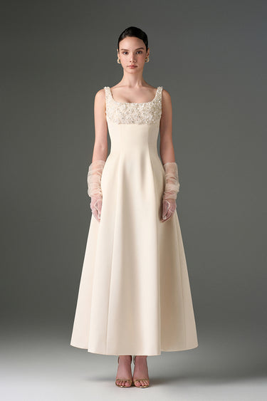 Ivory Silk Taffeta Trapeze Midi Mullet A-line Dress With Crystals Embellishment - IHF STUDIO