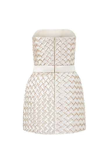 Ivory Smocked Silk Bustier Mini Column Dress with Gold Flower Waist Belt - IHF STUDIO