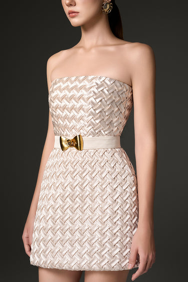 Ivory Smocked Silk Bustier Mini Column Dress with Gold Flower Waist Belt - IHF STUDIO