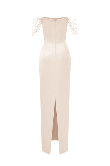 Ivory Taffeta Maxi Corset Dress with Off-Shoulder Sequin Embellishment - IHF STUDIO
