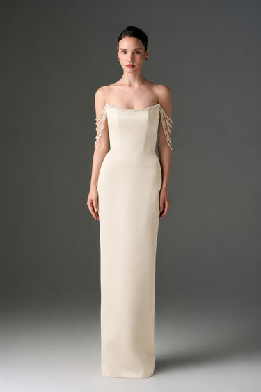 Ivory Taffeta Maxi Corset Dress with Off-Shoulder Sequin Embellishment - IHF STUDIO