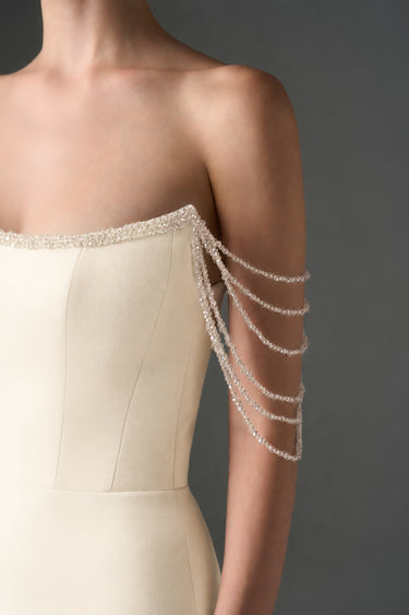 Ivory Taffeta Maxi Corset Dress with Off-Shoulder Sequin Embellishment - IHF STUDIO