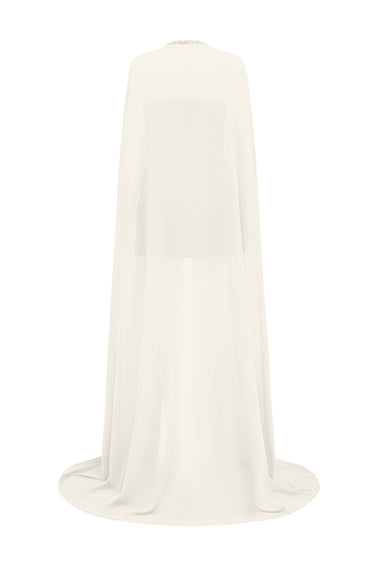 Ivory Taffeta Mini Column Dress with Sequin Floral Embellishment and Draped Cape - IHF STUDIO