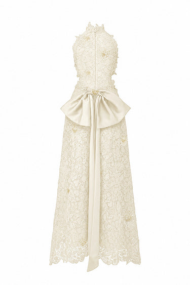 Ivory Vine Floral Lace Halter Midi A-Line Dress With Waist Cut-Out And Crystal Embellishment - IHF STUDIO