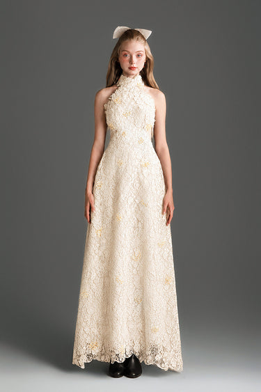 Ivory Vine Floral Lace Halter Midi A-Line Dress With Waist Cut-Out And Crystal Embellishment - IHF STUDIO