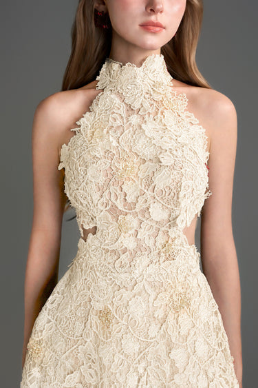 Ivory Vine Floral Lace Halter Midi A-Line Dress With Waist Cut-Out And Crystal Embellishment - IHF STUDIO