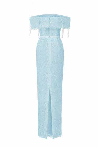 Light blue Architectural Lace off-shoulder dress with crystal embellishment - IHF STUDIO