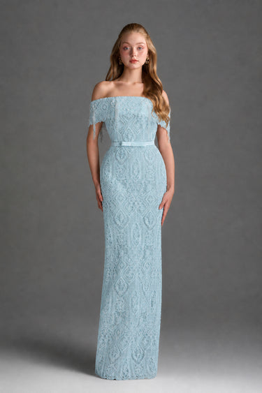 Light blue Architectural Lace off-shoulder dress with crystal embellishment - IHF STUDIO