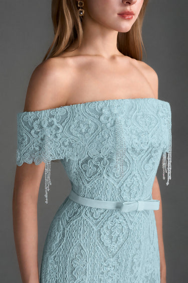 Light blue Architectural Lace off-shoulder dress with crystal embellishment - IHF STUDIO