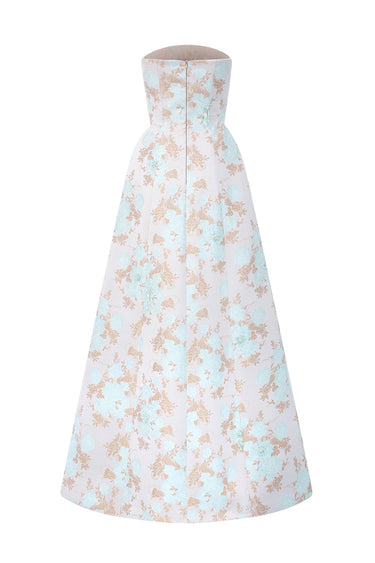 Light Blue Clustered Floral Brocade And Light Brown Silk Taffeta A-Line Dress With Draped Details - IHF STUDIO