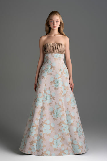 Light Blue Clustered Floral Brocade And Light Brown Silk Taffeta A-Line Dress With Draped Details - IHF STUDIO
