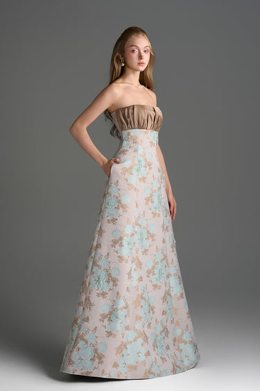 Light Blue Clustered Floral Brocade And Light Brown Silk Taffeta A-Line Dress With Draped Details - IHF STUDIO