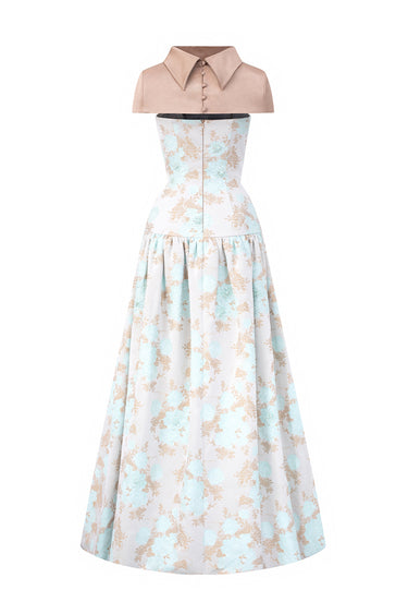 Light Blue Clustered Floral Brocade And Light Brown Silk Taffeta A-Line Dress With Mini Cape - IHF STUDIO