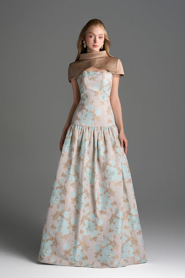 Light Blue Clustered Floral Brocade And Light Brown Silk Taffeta A-Line Dress With Mini Cape - IHF STUDIO