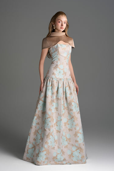 Light Blue Clustered Floral Brocade And Light Brown Silk Taffeta A-Line Dress With Mini Cape - IHF STUDIO