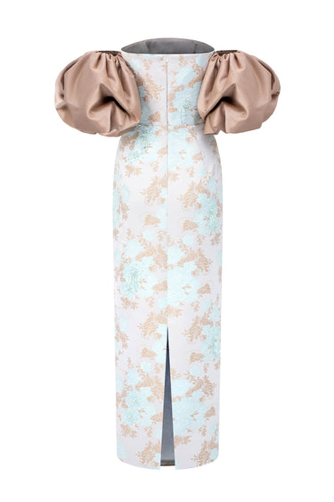 Light Blue Clustered Floral Brocade And Light Brown Silk Taffeta Midi Column Dress With Puff Sleeves - IHF STUDIO