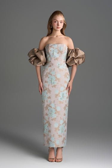 Light Blue Clustered Floral Brocade And Light Brown Silk Taffeta Midi Column Dress With Puff Sleeves - IHF STUDIO