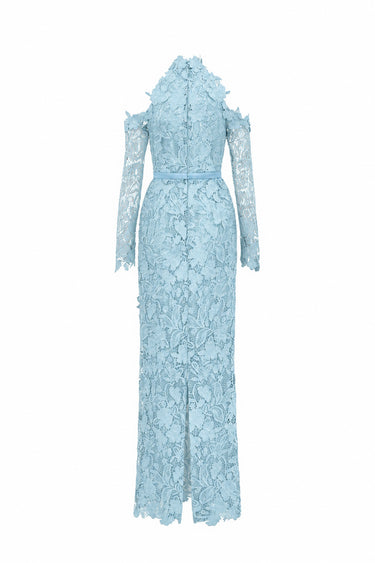 Light Blue Floral Garden Lace Dress With Halter Neck And Long Sleeves - IHF STUDIO