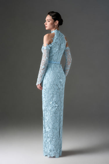 Light Blue Floral Garden Lace Dress With Halter Neck And Long Sleeves - IHF STUDIO