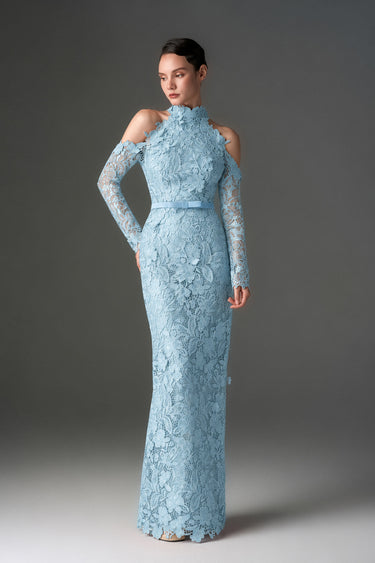 Light Blue Floral Garden Lace Dress With Halter Neck And Long Sleeves - IHF STUDIO