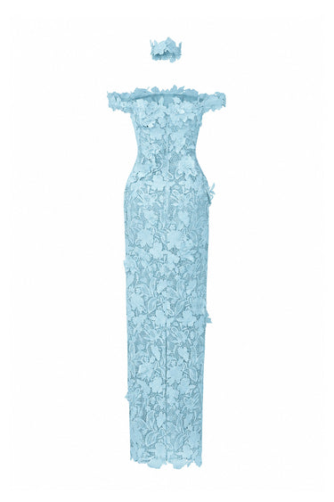 Light blue Floral Garden Lace off-shoulder dress - IHF STUDIO