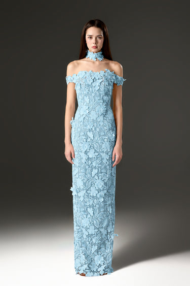 Light blue Floral Garden Lace off-shoulder dress - IHF STUDIO