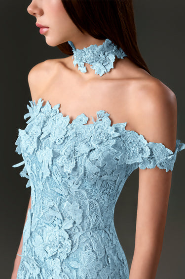 Light blue Floral Garden Lace off-shoulder dress - IHF STUDIO