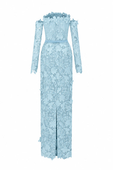 Light blue Floral Garden Lace off-shoulder dress with long sleeves - IHF STUDIO