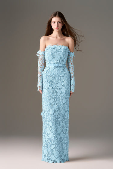 Light blue Floral Garden Lace off-shoulder dress with long sleeves - IHF STUDIO