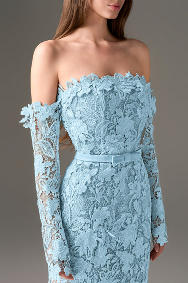 Light blue Floral Garden Lace off-shoulder dress with long sleeves - IHF STUDIO