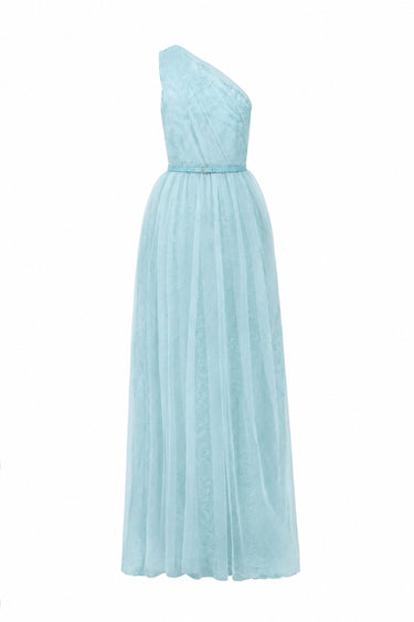 Light Blue Tiny Floral Mesh Lace One-Shoulder A-Line Dress With Draped Tulle Details - IHF STUDIO