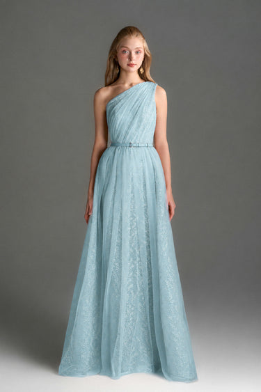 Light Blue Tiny Floral Mesh Lace One-Shoulder A-Line Dress With Draped Tulle Details - IHF STUDIO