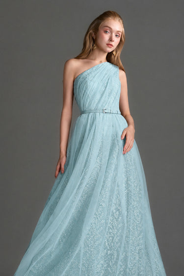 Light Blue Tiny Floral Mesh Lace One-Shoulder A-Line Dress With Draped Tulle Details - IHF STUDIO