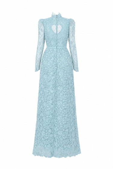 Light Blue Vine Floral Lace Long-Sleeve Maxi Dress With Heart Cutout, Balloon Drawstring - IHF STUDIO