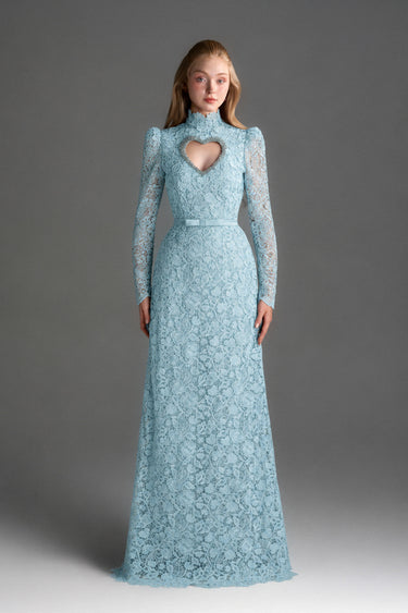 Light Blue Vine Floral Lace Long-Sleeve Maxi Dress With Heart Cutout, Balloon Drawstring - IHF STUDIO