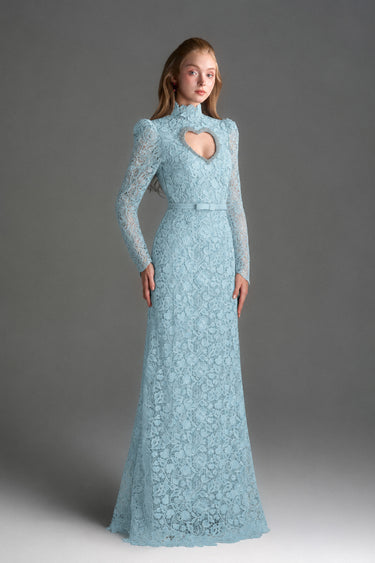 Light Blue Vine Floral Lace Long-Sleeve Maxi Dress With Heart Cutout, Balloon Drawstring - IHF STUDIO