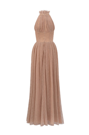 Light Brown Vine Guipure Lace A-Line Dress With Ruffle Collar - IHF STUDIO