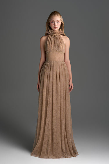 Light Brown Vine Guipure Lace A-Line Dress With Ruffle Collar - IHF STUDIO