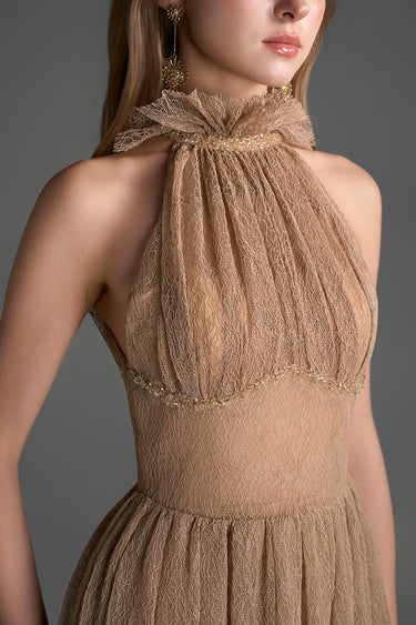 Light Brown Vine Guipure Lace A-Line Dress With Ruffle Collar - IHF STUDIO