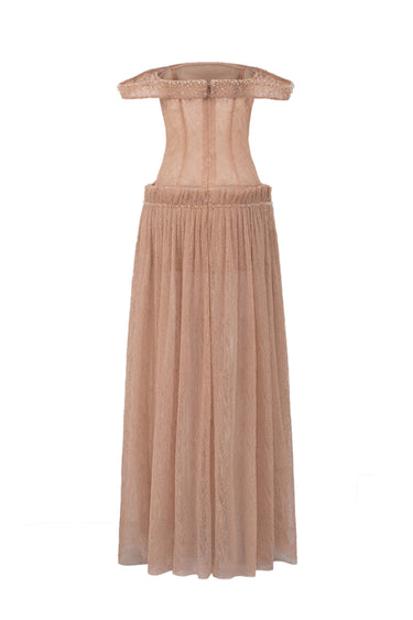 Light Brown Vine Guipure Lace Off-Shoulder A-Line Dress With Horizontal Train - IHF STUDIO