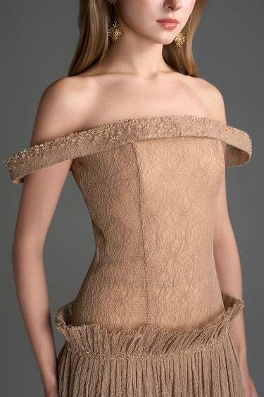 Light Brown Vine Guipure Lace Off-Shoulder A-Line Dress With Horizontal Train - IHF STUDIO