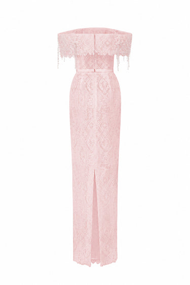 Light Pink Architectural Lace Off-Shoulder Dress With Crystal Embellishment - IHF STUDIO