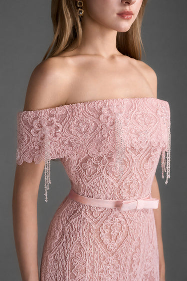 Light Pink Architectural Lace Off-Shoulder Dress With Crystal Embellishment - IHF STUDIO