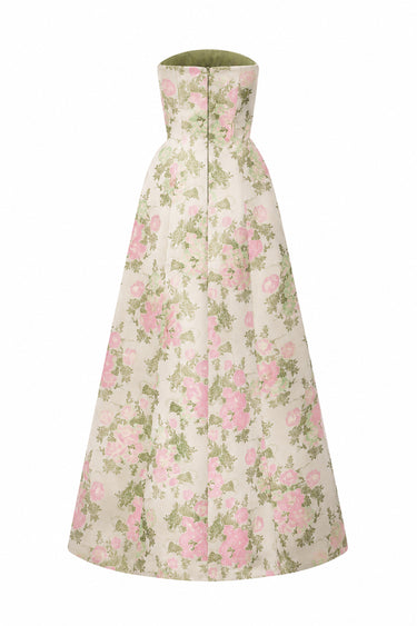 Light Pink Clustered Floral Brocade And Light Brown Silk Taffeta A-Line Dress With Draped Details - IHF STUDIO