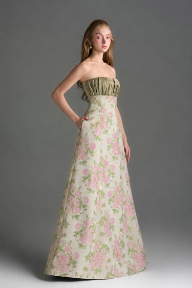 Light Pink Clustered Floral Brocade And Light Brown Silk Taffeta A-Line Dress With Draped Details - IHF STUDIO