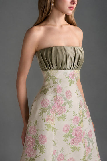 Light Pink Clustered Floral Brocade And Light Brown Silk Taffeta A-Line Dress With Draped Details - IHF STUDIO